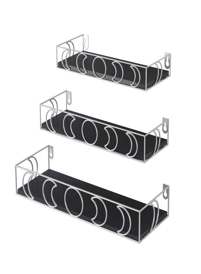 PHAREGE Moon Phase Floating Shelves Black Silver, Set of 3 Small Decorative Wall Shelves for Book Plant Storage, Crystal Figurine Collectibles Display Shelf for Bedroom Kid Room - Image 1